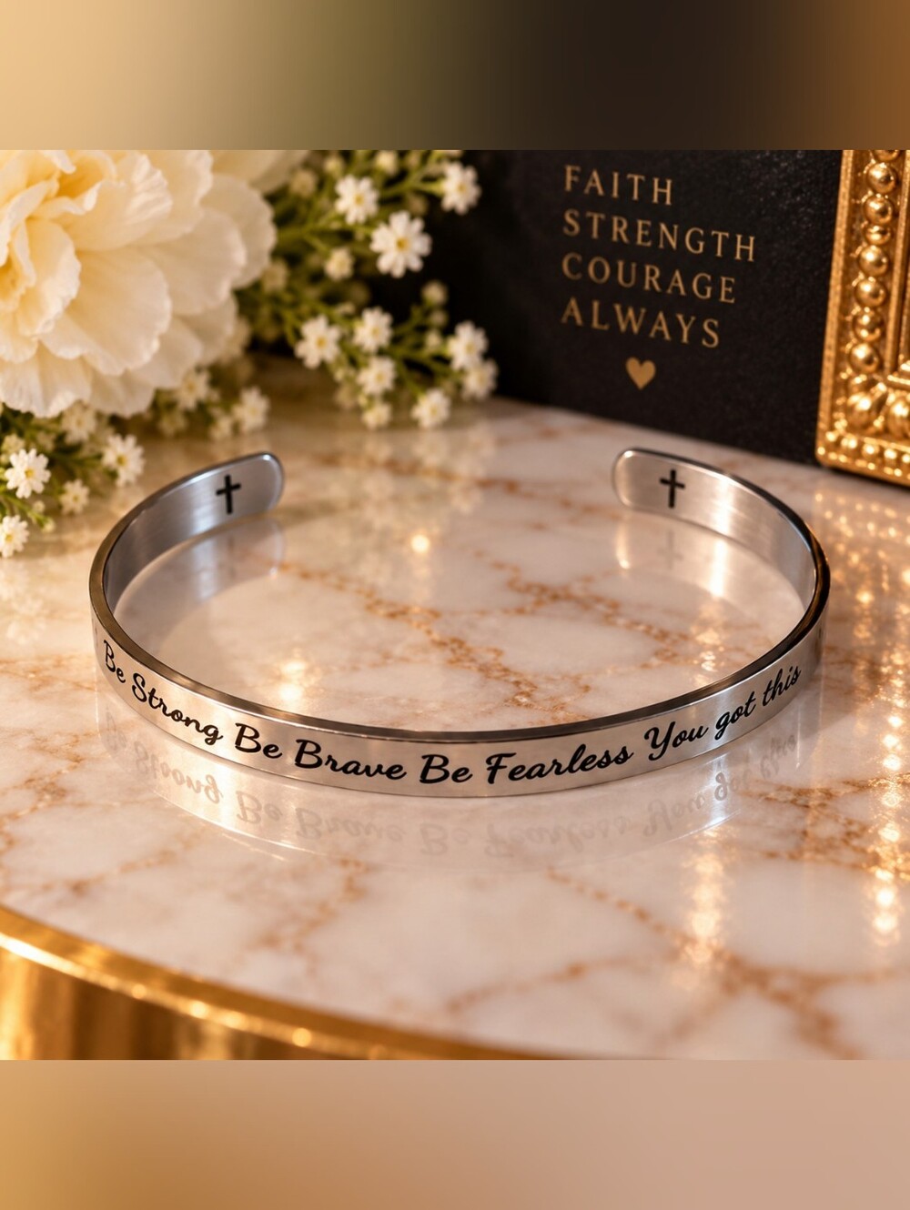 Silver Inspirational Engraving Cuff Bracelet